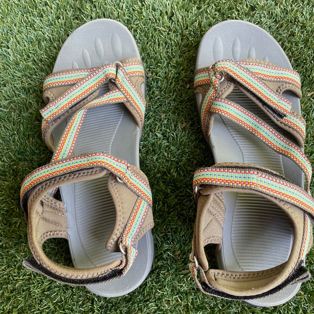 Megnya Tan and Red Comfort Sandals with Adjustable Straps